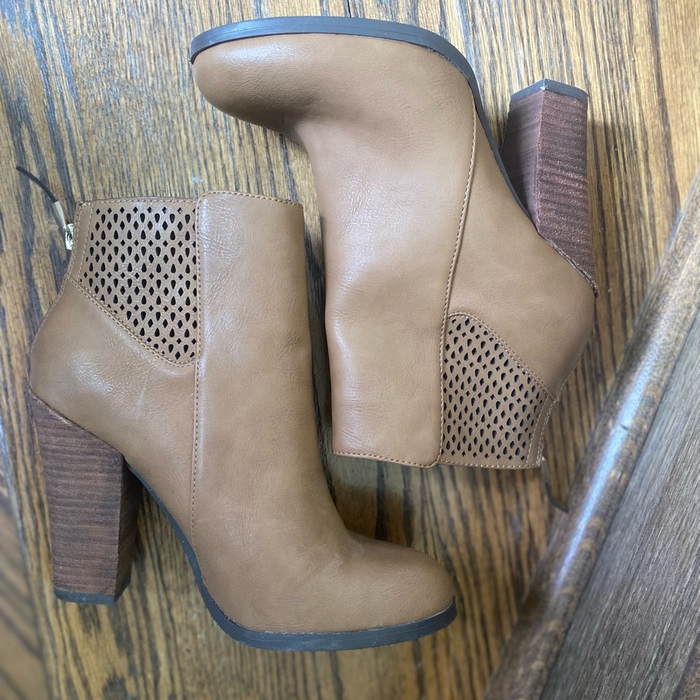 Cognac Ankle Booties , Stacked Light Academia Block Heel